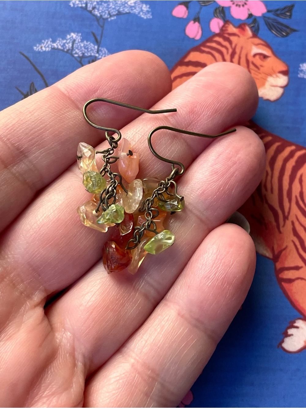 Vintage polished stone dangle earrings organic boho